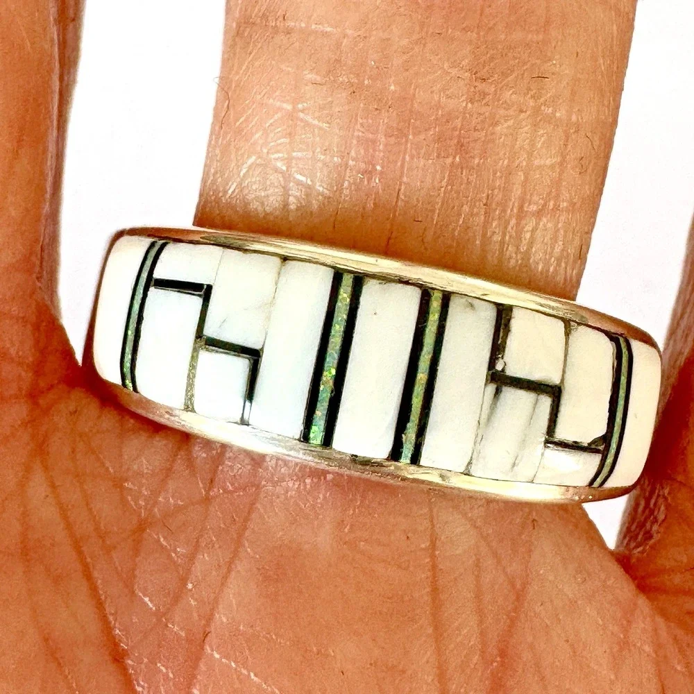 Navajo Inlay Wedding Band Ring‎ Sz 13 Opal White Buffalo 9mm Mens Signed AT